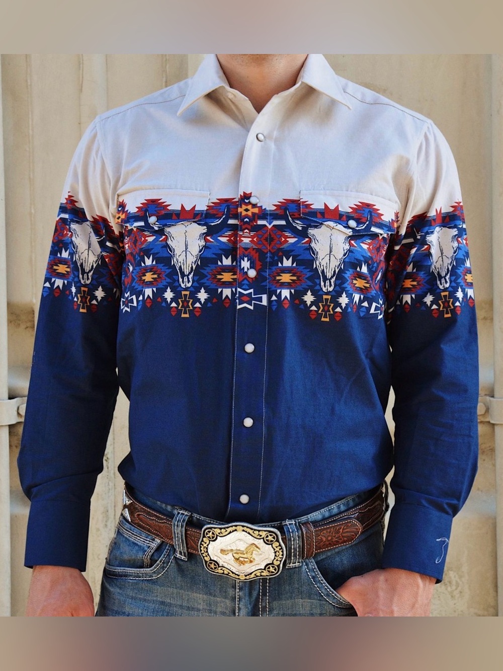 Panhandle Western Shirt Mens M Aztec Steer Skull Pearl Snap Cowboy Rodeo